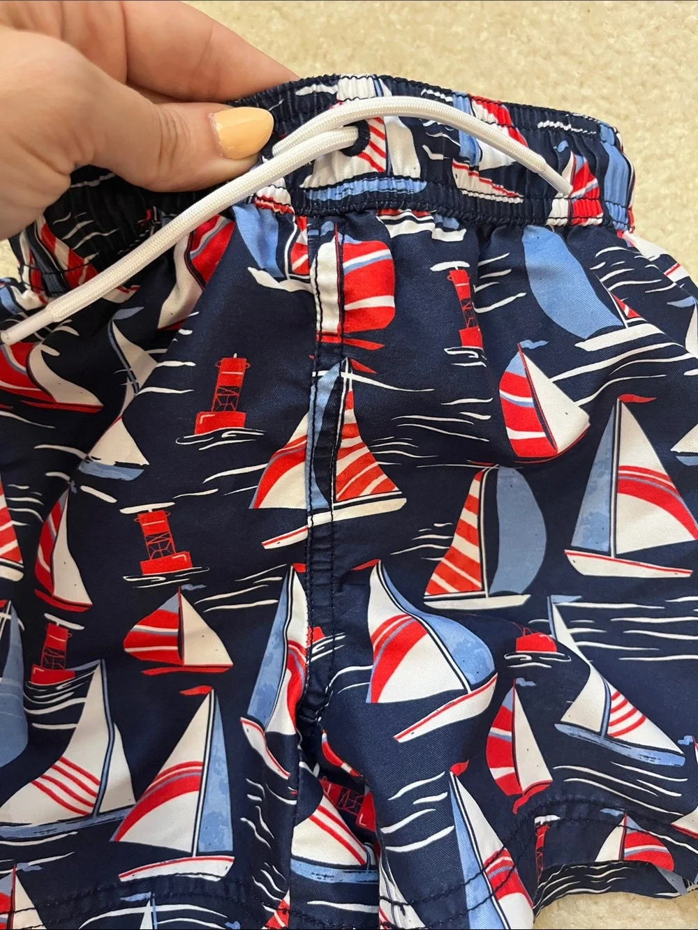 Janie and Jack Navy Swim Shorts with Red & Light Blue Sailboat Print